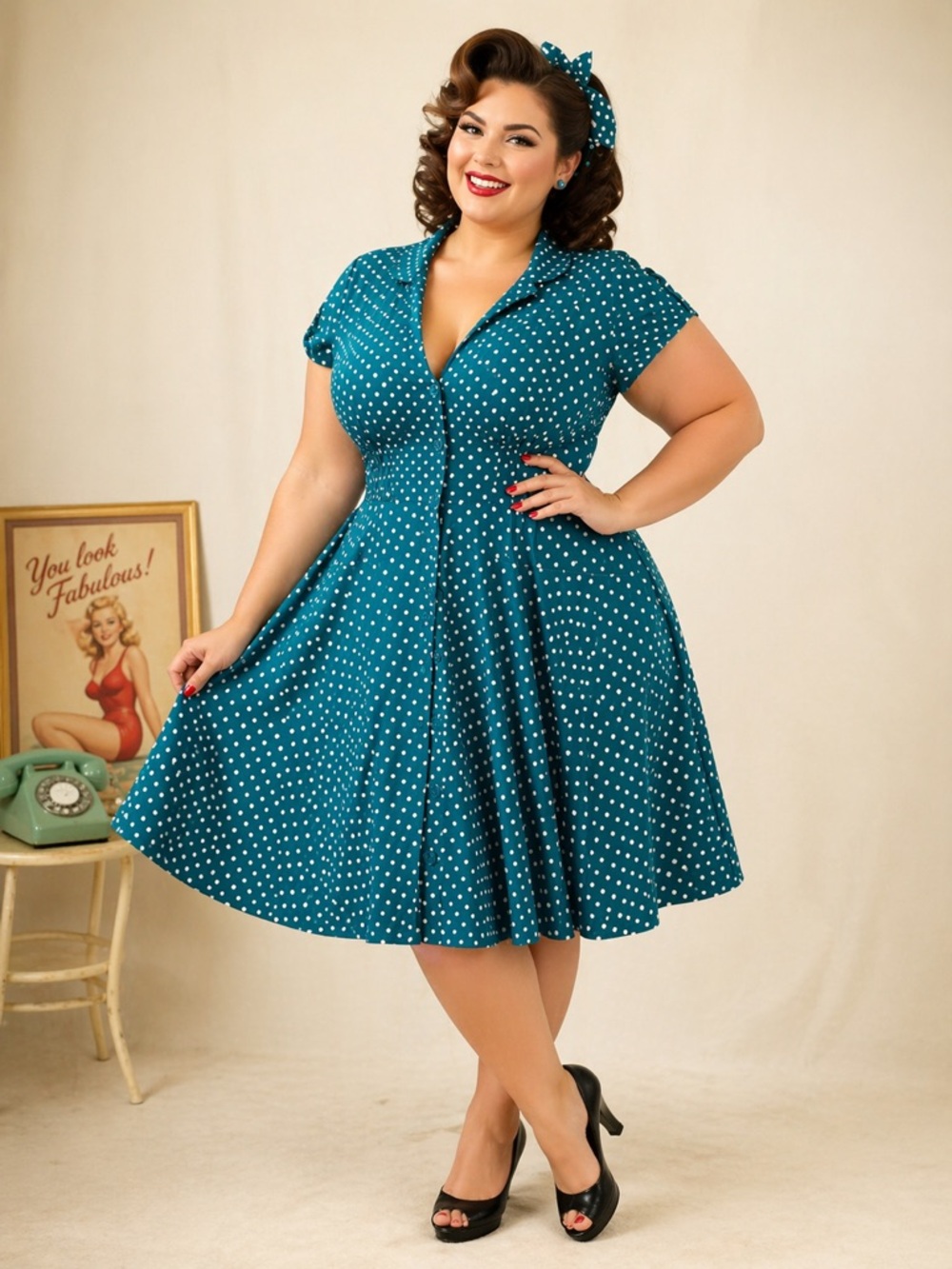 Hell Bunny Vixen Teal Polka Dot Midi Fit-and-Flare Short Sleeve Dress Size 3X